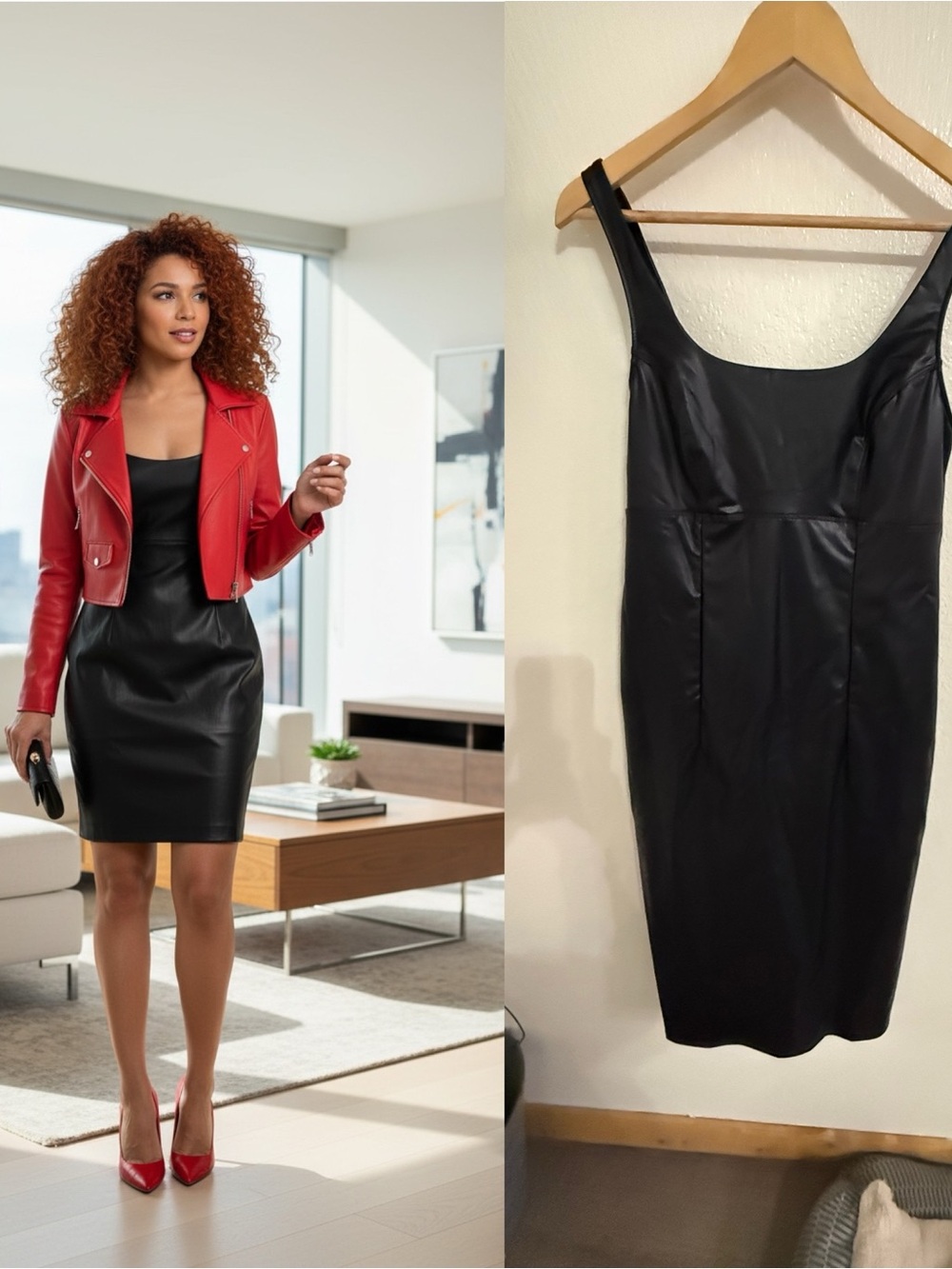 Sofia Jeans by Sofia Vergara Black Faux Leather Bodycon Midi Dress L 12-14